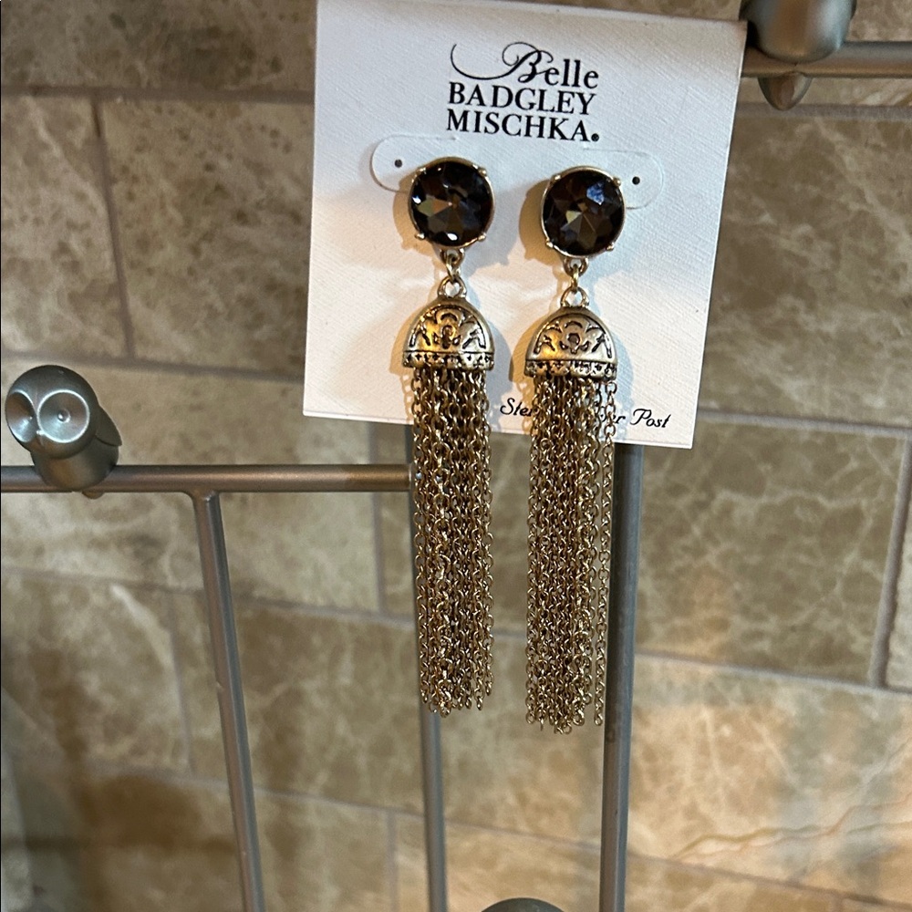 Belle Badgley Mischka gold-tone multi-chain tassel earring, 4”, NWT